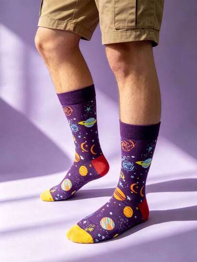 1 Pair Of Men's Starry Planet Jacquard Mid Tube Socks Personalized Funny Space Daily Outfit.