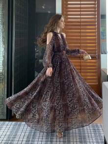 Vestido elegante y sexy de manga larga con estampado floral y cinturón personalizado para mujer, fluido y estilizador, con estampado brillante en toda la prenda, cinturón elegante para primavera - Café integral - Ver 6