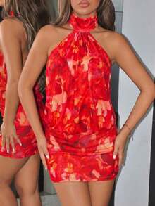 ICON Vestido mini ajustado con cuello alto, espalda descubierta y volantes - Multicolor 12 - Ver 5