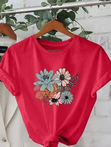 Talla Grande - Talla Grande - Camiseta de Moda con Estampado y Cuello Redondo de Manga Corta, Ropa de Mujer Talla Grande, Ropa de Mujer - Rojo - Ver 1