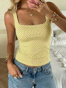 Top de punto con estampado de lunares blancos en estilo , blusa sin mangas adecuada para la playa, el trayecto y el uso casual de verano - Amarillo - Ver 3