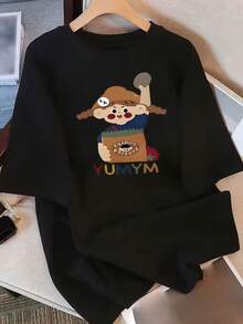 Camiseta de manga corta de algodón puro para mujer con estampado de diseño único, nuevo estilo de verano 2025, corte holgado, top adelgazante para estudiantes. - Negro - Ver 1