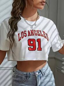 Camiseta Los Ángeles número 91 Brooklyn gráfico cuello redondo deportes Crop camiseta Casual Crop Top mujeres recortadas - blanco403 - Ver 2