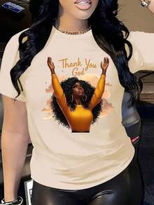 1 Piece Of White Women's T-Shirt With 'Thank God' Print | Short Sleeve T-Shirt With Round Neck And Design Of Hands In Prayer And Orange Letters, Breathable Clothing For All Four Seasons With Religious Theme, Machine Washable, Casual Wear, Religious Pattern T-Shirt, 180g 100% Cotton. - 白色 - 查看 7