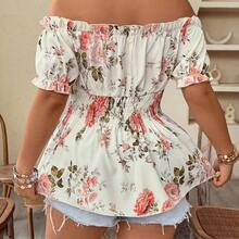 Plus Size Women Off-Shoulder Cinched Waist Floral Print Elegant Fashionable Blouse Top, Suitable For Date, Travel And More, Spring/Summer - Multicolor - Ver 3