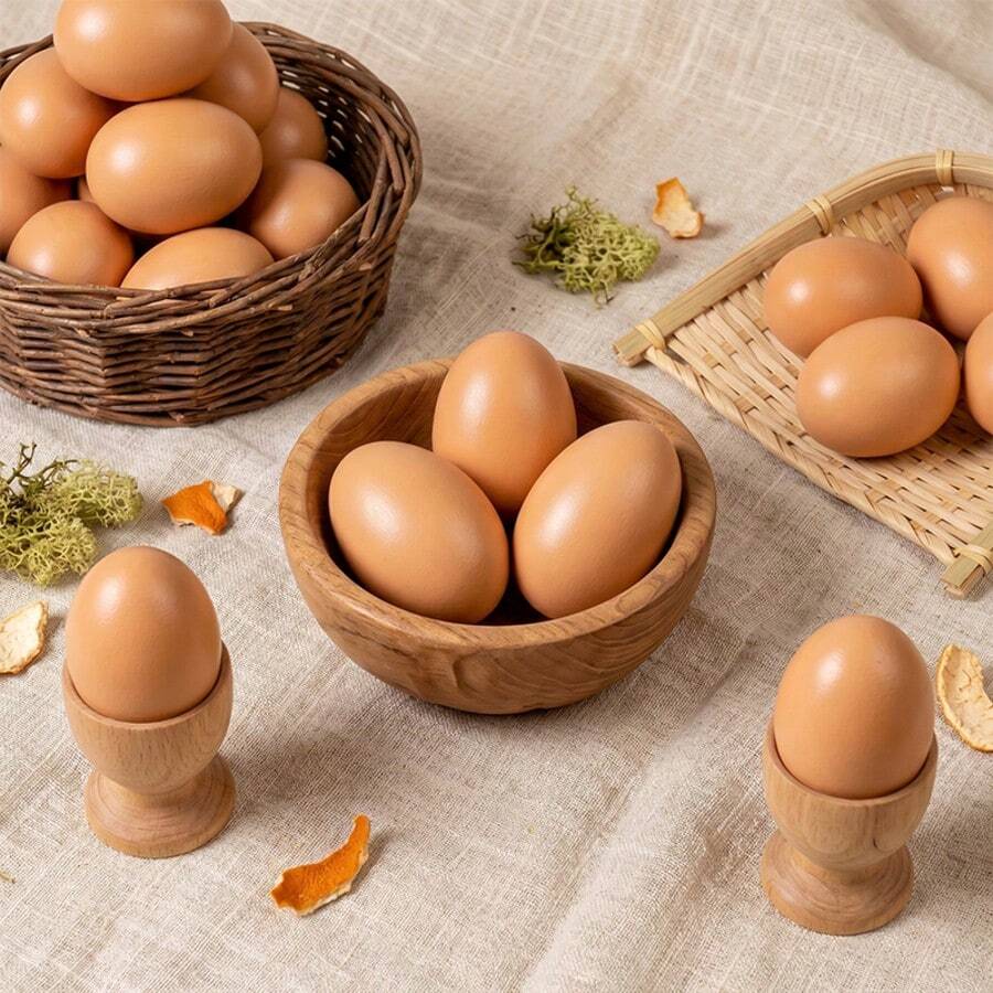 2pcs Handmade Wooden Realistic Chicken Eggs, Lifelike Wood Grain Texture, Poultry Decoy Model, Farm Theme Decoration, Farmhouse Style Home Accents - Light Brown - View 1