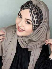 Printed Patchwork Headscarf, Soft & Drapey Turban Style Headwrap, Breathable Daily Wear - Brown Leopard Print Rectangular Scarf - View 6