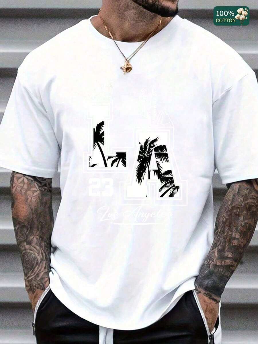 Men's Classic LA 23 Los Angeles Skyline & Palm Tree Graphic T-Shirt, Retro Bla & White Print, Soft Cotton, Casual Summer Everyday Wear For Men Who Lo - 白色 - 查看 1