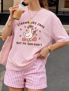 Pink Refreshing Summer Short Sleeve T-Shirt, INS Style "Strawberry Jam But My Gun Not" Duck Pattern Print, Slim Fit Summer Aesthetic Top Casual - Pink - View 2