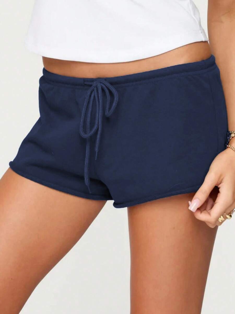 Women's Summer Drawstring Shorts Solid Color Low Waist Casual Breathable Short Pants - Navy Blue - View 1