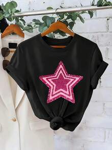 Plus Size - Plus Size Graphic Print T-Shirt, Short Sleeve Crew Neck Casual Top for Summer & Spring, Women'S Plus Size Clothing - Negro - Ver 2