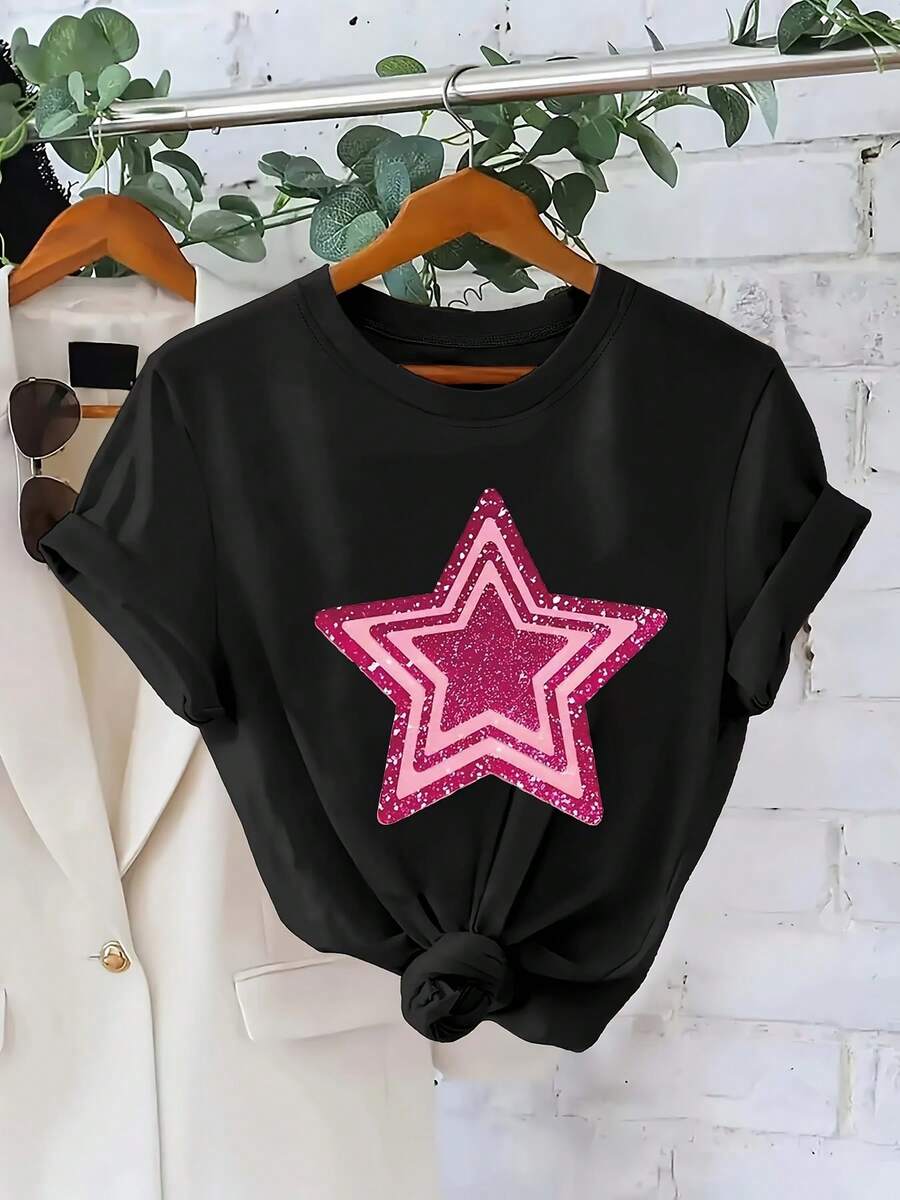 Plus Size - Plus Size Graphic Print T-Shirt, Short Sleeve Crew Neck Casual Top for Summer & Spring, Women'S Plus Size Clothing