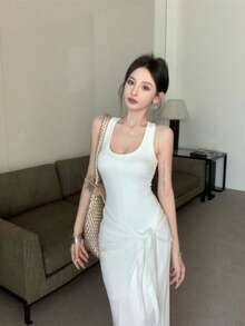 Women's Halter Neck Dress, Dark Greyish Green, Knit Design With Knot At The Waist And Decorative Ribbons, Fitted Stretch Fabric, Modern Elegant Style, Ideal For Everyday Wear. - 白色 - 查看 3