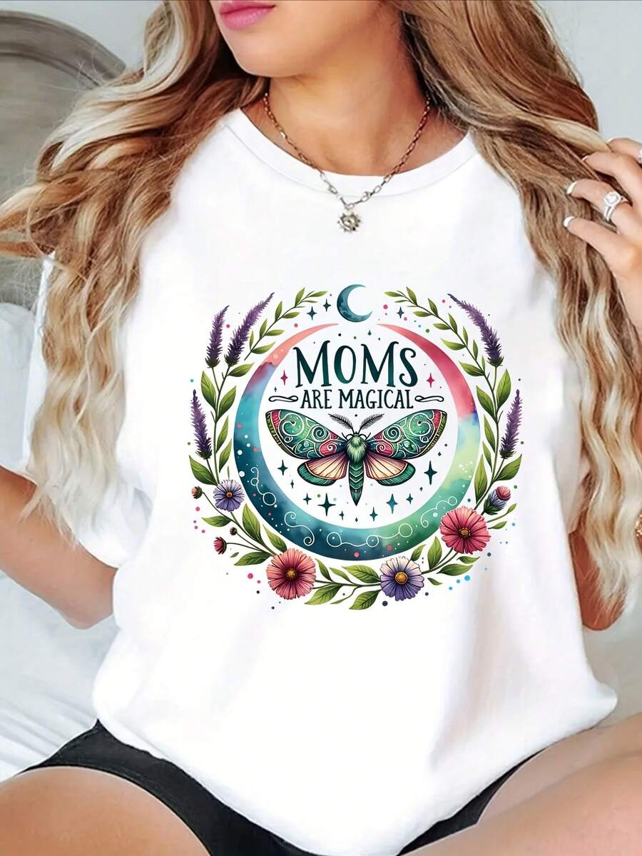 Camiseta casual para mujer con estampado "Mamá es magia", cuello redondo y manga corta, transpirable, ideal para campamentos de verano y regalos festivos, uso todo el año - Blanco - Ver 1