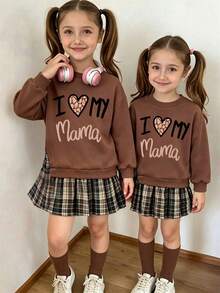 Young Girl Cartoon Print Round Neck Long Sleeve Dress - Coffee Brown - View 1