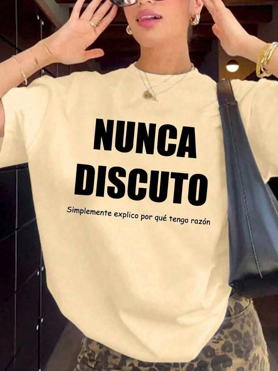 Women's Summer Graphic T-Shirt With Spanish Slogan, Casual And Comfortable Top For Everyday Wear - Pure-Cotton - 杏色 - 查看 1