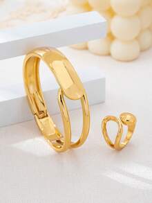 1 Set Fashionable New Geometric Hollow Plated Gold Bracelet And Ring Jewelry Set For Women - Yellow Gold - View 5