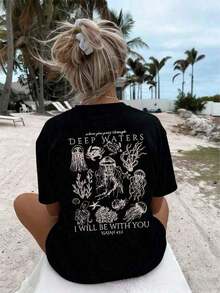 Camisetas de manga corta para mujer, 100% algodón, estilo casual, de talla grande, con estampado de medusas del océano y la frase "Deep Waters", cuello redondo, manga corta, transpirable, top negro para playa, ideal para uso diario y vacaciones. - Negro - Ver 2