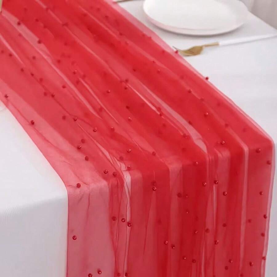 Rote Perlen Tüll | Geeignet für Heimdekoration, Geburtstagsparty, Tischläufer und Hochzeitsjubiläumsparty Zubehör. Romantisches Design für verschiedene Veranstaltungsdekorationen - Rot - Übersicht 1