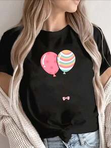 Camiseta de manga corta, ligera y cómoda, con un diseño de globos brillantes, es perfecta para salidas informales o para relajarse en casa, lo que la convierte en una opción ideal para el uso diario en la sala de estar o en una cafetería. Cómodo, Holgado - Negro - Ver 7
