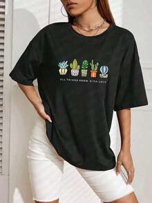 Gift 100% Cotton T-Shirt With Cactus And Succulent Print And The Phrase "All Things Grow With Love", Oversized Casual Short Sleeve T-Shirt For Women, Fresh And Positive Minimalist Streetwear Style, Ideal For Everyday Wear And Gift, Colors: White And Blue Available, Plus Size Available, Soft - 黑色 - 查看 1
