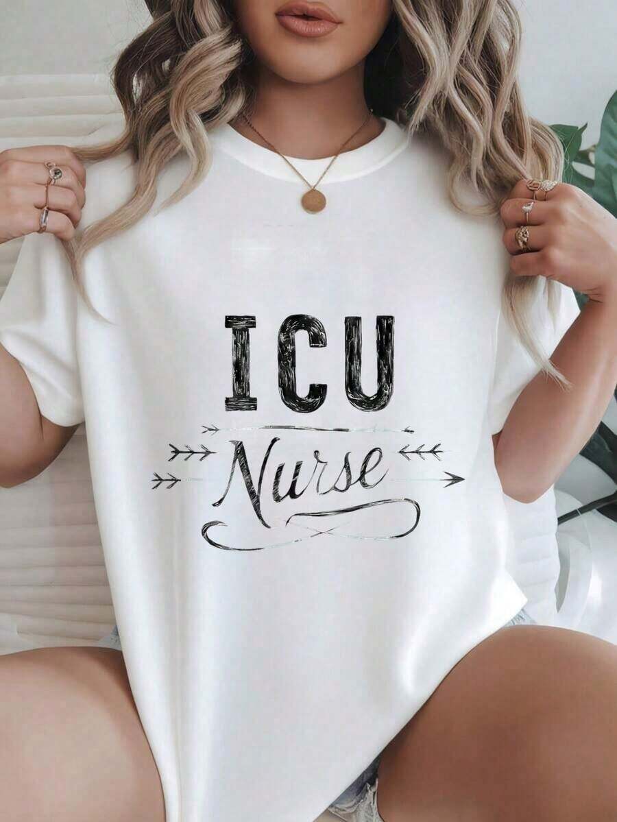 Camiseta Casual de Mujer con Estampado de Enfermera de UCI, Flechas y Adornos, Adecuada para Todas las Temporadas
-Blanco - Blanco - Ver 1