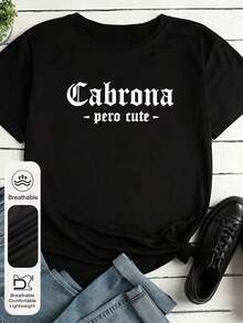 Blusa negra de manga corta con cuello redondo y gráfico de letra, casual de verano para mujer de talla grandeSummer new arrivals - Negro - Ver 9