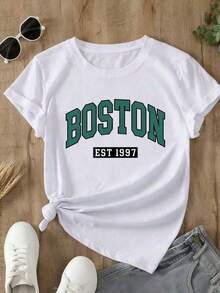 1 pieza de camisetas de mujer, corte holgado casual, camisetas para vacaciones, camisetas con estampado de letras, camisetas estampadas para mujer, camisetas de 180g 100% algodón.Suitable for spring, summer and autumnmaija mujer - Blanco - Ver 5