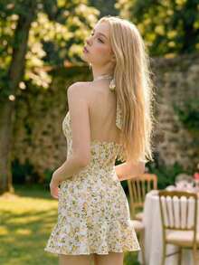 Vestido mini casual, de vacaciones, de estilo retro, con escote en V profundo y estampado de lunares blanco y negro - Amarillo - Ver 2