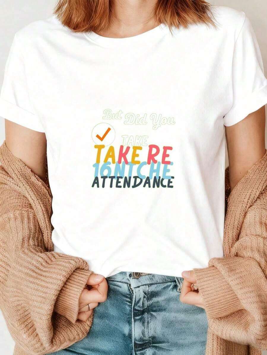 Women's Short-Sleeved T-Shirt With A Fun Teacher And Secretary Text Print. 100% Pure Cotton, Soft, Breathable, And Sweat-Wicking. Minimalist, Understated Luxury, Urban Retro, French Country, Bohemian, Casual, And Sporty. Versatile For All Seasons, With A Crew Neck And A Fitted Or Loose Fit. - 白色 - 查看 1
