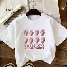 Vintage Style Printed T-Shirt With 8 Pink Strawberries And The Phrase "SWEET LOVE FRESH FRUITS" - Casual Round Neck, Super Soft, Breathable For Summer - Perfect For Food Lovers, Fruit Lovers, Gift For Valentine's Day, Mother's Day - Unisex Loose Cotton Short Sleeve Round Neck T-Shirt In Urban Vintage Style. - 白色 - 查看 1