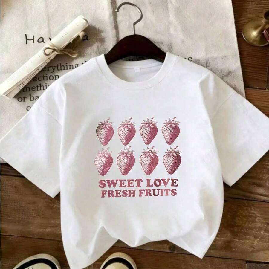 Vintage Style Printed T-Shirt With 8 Pink Strawberries And The Phrase "SWEET LOVE FRESH FRUITS" - Casual Round Neck, Super Soft, Breathable For Summer - Perfect For Food Lovers, Fruit Lovers, Gift For Valentine's Day, Mother's Day - Unisex Loose Cotton Short Sleeve Round Neck T-Shirt In Urban Vintage Style. - 白色 - 查看 1