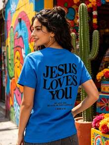 Women's Red Cotton Short-Sleeve T-Shirt With "Jesus Loves You" Print, Regular Short Sleeves, Crew Neck, And Slightly Stretchy Fabric, Perfect For A Cute And Festive Look. 100% Cotton - 藍色的 - 查看 3