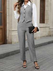 Conjunto de blusa con botones delanteros y pantalones casuales con bolsillo para mujer en otoño/invierno - Gris 2 - Ver 4