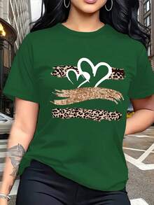 Soft 100% Cotton Women's T-Shirt, Summer Leopard Print, With Gold Strokes And White Double Heart Pattern, New Summer Short Sleeve T-Shirt, Casual And Fashionable, Printed, Breathable, Cotton, Matches Everything. - 綠色 - 查看 6