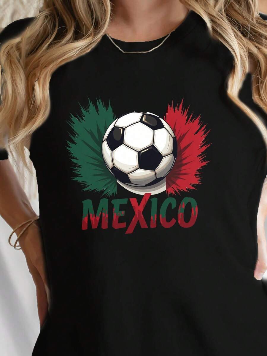 Camiseta Casual de Manga Corta con Diseño de Balón de Fútbol y Orgullo Mexicano, Perfecta para Primavera y Verano, Diseñada para Mujeres - Negro - Ver 1