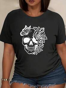 GiftSkull, Camiseta de Manga Corta Estampada para Mujer con Diseño de Flores y Mariposas - Tejido Transpirable y Suave de Elasticidad Media, Lavable a Máquina, Múltiples Colores Disponibles, Camiseta de Cuello Redondo y Manga Corta. - Negro - Ver 6