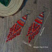 AHAYA Handmade Geometric Long Tube Bead Earrings, Fashion Tassel Drop Earrings With Glass Beads, Versatile Beaded Earrings Suitable For Daily Wear And Vacation - Red - View 6