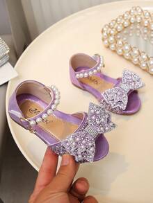 Shiny Rhinestone Pearl Bow Girls' Princess Sandals, Soft Bottom Round Toe PU Flat Sandals, Suitable For Spring, Summer, Autumn Holidays And Daily Wear - Purple - View 4