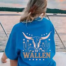 Camiseta de mujer, casual, de cuello redondo, 1 pieza, ultra suave y transpirable, con un diseño bohemio que presenta cabezas de vaca, cactus y otros patrones, etiquetada como "WALLEN," perfecta para vacaciones de surf en la playa y para uso casual de primavera/verano. - Verde - Ver 7