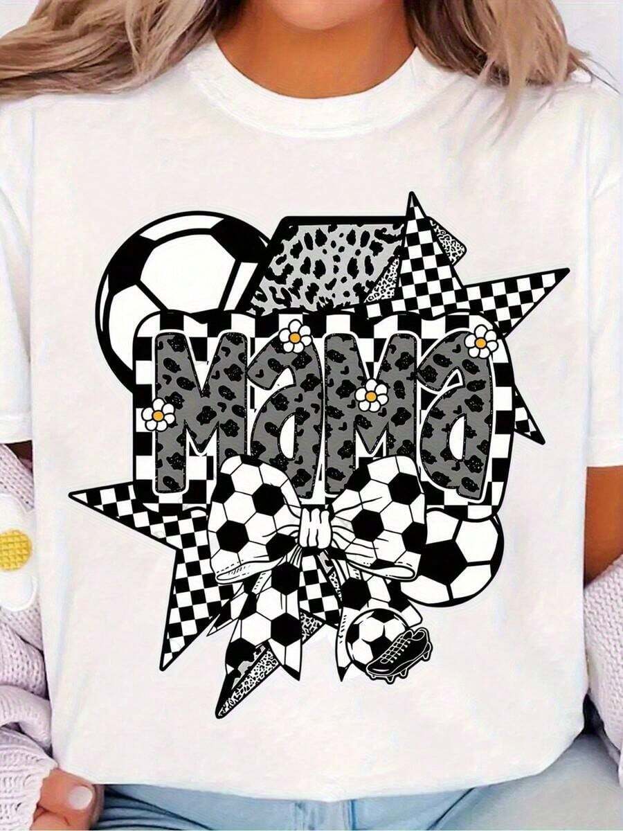 Soft And Comfortable Korean Style T-Shirt, Casual Wear, 1 Piece Black Short Sleeve Crew Neck T-Shirt With Soccer Check Design, 'MAMA' Print And Soccer Ball Decoration, Perfect For Casual Match Days And Daily Wear, Sports Jersey And Comfortable Outfit, 100% Breathable Cotton - 白色 - 查看 1
