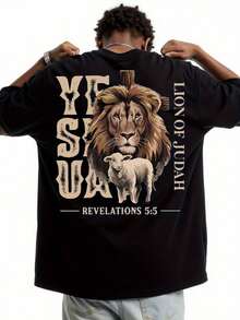 T-Shirt With Lion Of Judah And Yeshua Print - Black With Gold Lettering And Lion Design, Loose Fit, Crew Neck, Short Sleeve, Casual Summer Style Y2k - 白色 - 查看 1