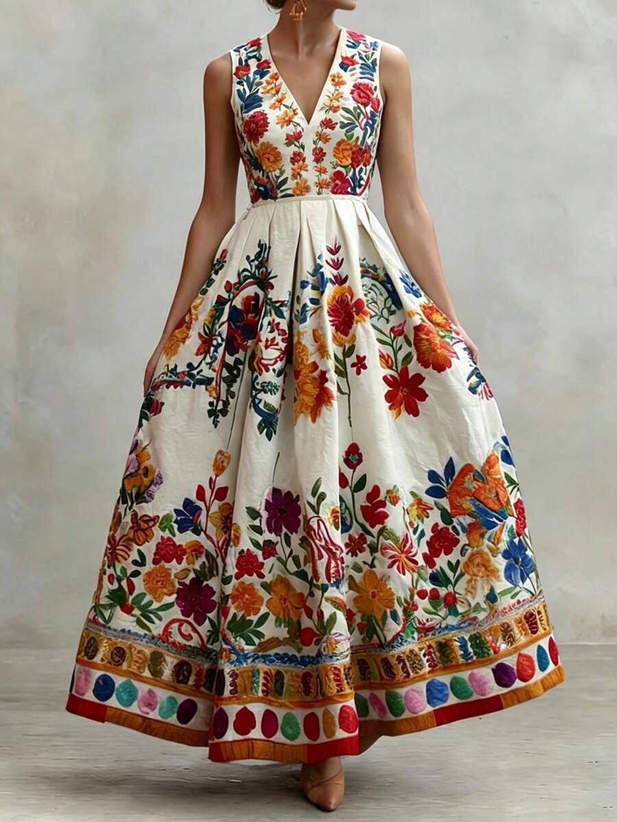 Spring/Summer New Women's Dress, Summer Vacation Outfit, Women's Apparel, Holiday Dress, White Base With Multicolor Floral Print, Sleeveless V-Neck Cinched Waist Flared Maxi Dress, Fashionable Summer Country Style, Elegant Palace Style, Daily/Beach/Vacation Bohemian Dress, Versatile