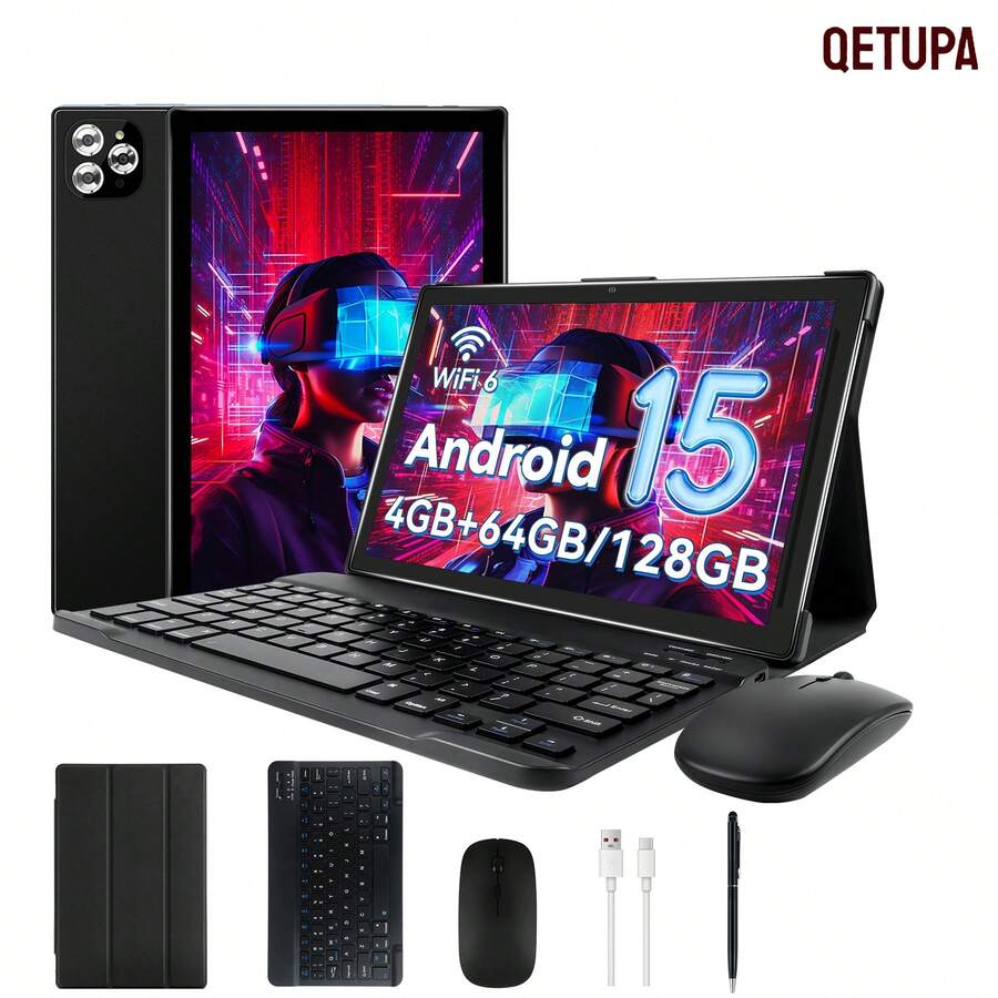 Qetupa Android 15 平板电脑,10.1 英寸屏幕,4GB 内存 + 64GB/128GB 存储空间,MTK 6762 八核 2.0GHz 处理器,500 万像素前置摄像头和 1300 万像素后置摄像头,6000mAh 电池,高清 (1280x800) IPS 触摸屏,不支持 SIM 卡,包含键盘、鼠标、保护套、手写笔和 Type-C 数据线 - 万圣节、生日和圣诞节的最佳礼物(不含适配器) - 黑色 - 查看 1