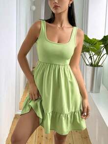 Vestido de punto con diseño de rayas y empalme para mujer, versátil y elegante para uso diario - Verde - Ver 3