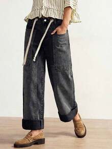 BohoFeels Pantalones vaqueros de tiro bajo, estilo boho, de invierno/primavera, para mujer, con estampado de rayas, parches de mezclilla lavada y pierna recta holgada, en estilo occidental y campestre, adecuados para conciertos, fiestas, vacaciones en la playa, uso diario, vuelta al colegio, salidas y fiestas, Año Nuevo - Gris - Ver 4