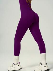 UONNOU Pfirsichfarbener Po-lifting Workout Jumpsuit, V-Ausschnitt Kreuzrücken rückenfrei Yoga Jumpsuit Sport Sommer - Violett - Übersicht 6