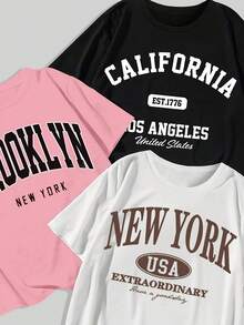 Plus Size Women's Short Sleeve Top With Round Neck And Solid Color Letter Print. - 黑色 - 查看 2