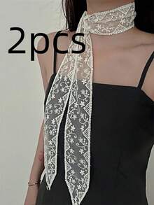 1pc Soft Elegant Lace Scarf, Fashionable Floral Embroidered Scarf, Versatile For Office Ladies To Use As Wristband, Headband, Neck Scarf - White - View 5