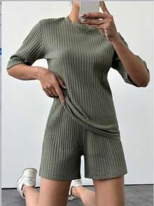 Women's Solid Color Round Neck Short Sleeve T-Shirt And Shorts Casual Set - Khaki - View 1